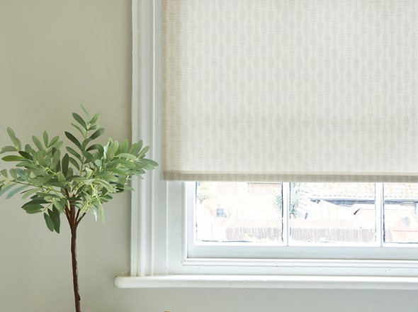 A cream roller blind in a window next to a green plant