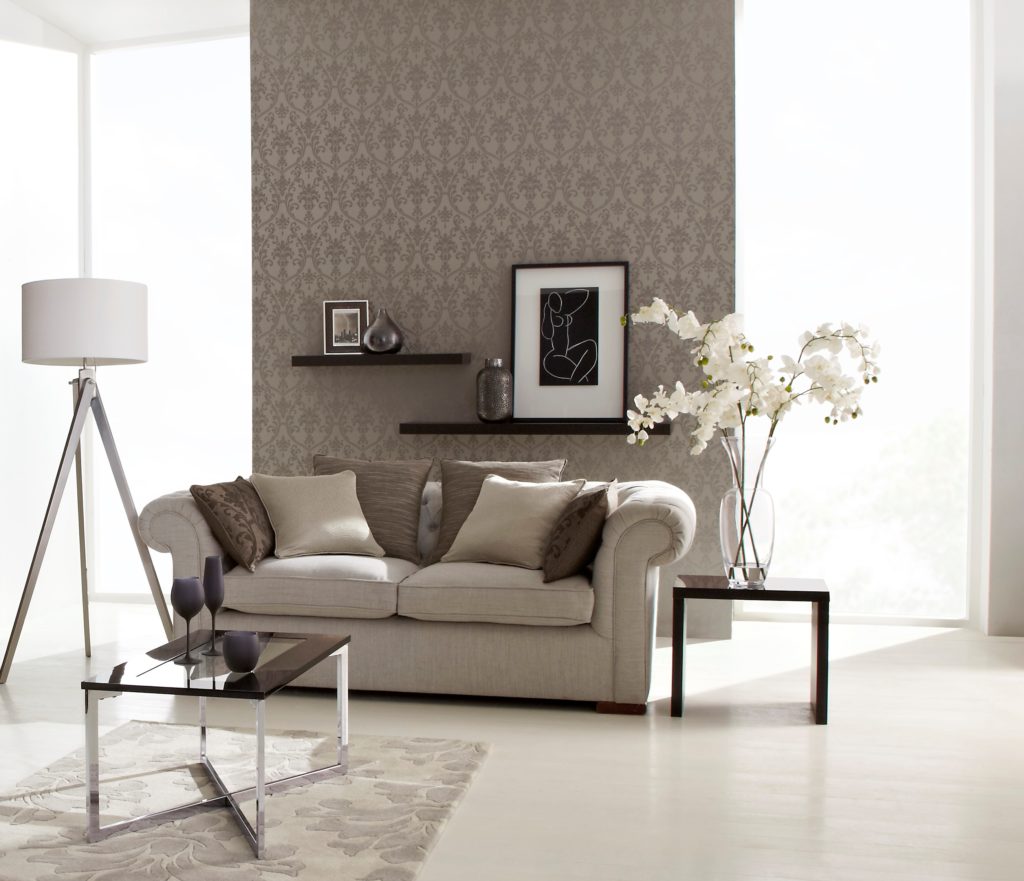 White flooring, ceiling and window treatments are lifted with soft neutral coloured furnishingsm